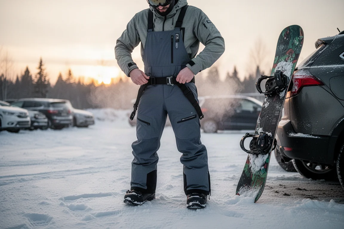 Snowboarder adjusting stretch bib pants before a day of riding
