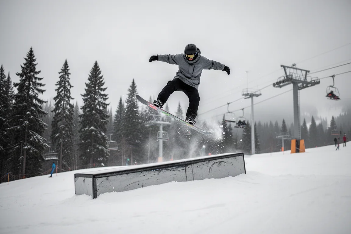 Snowboarder pressing off a roller on a resort run with trees in the background