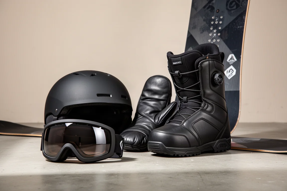 Snowboard helmet, goggles, mitten, boot, and snowboard arranged on concrete