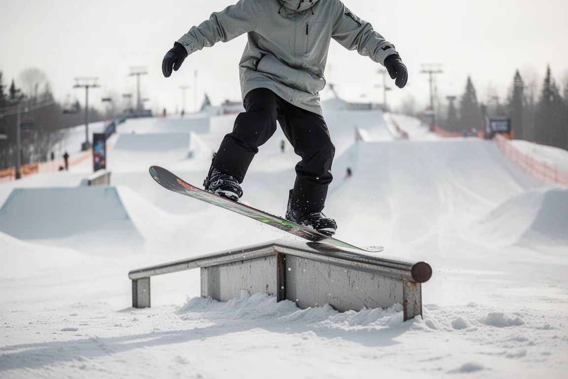 Snowboarder presionando una tabla en un riel del park con luz de invierno brillante