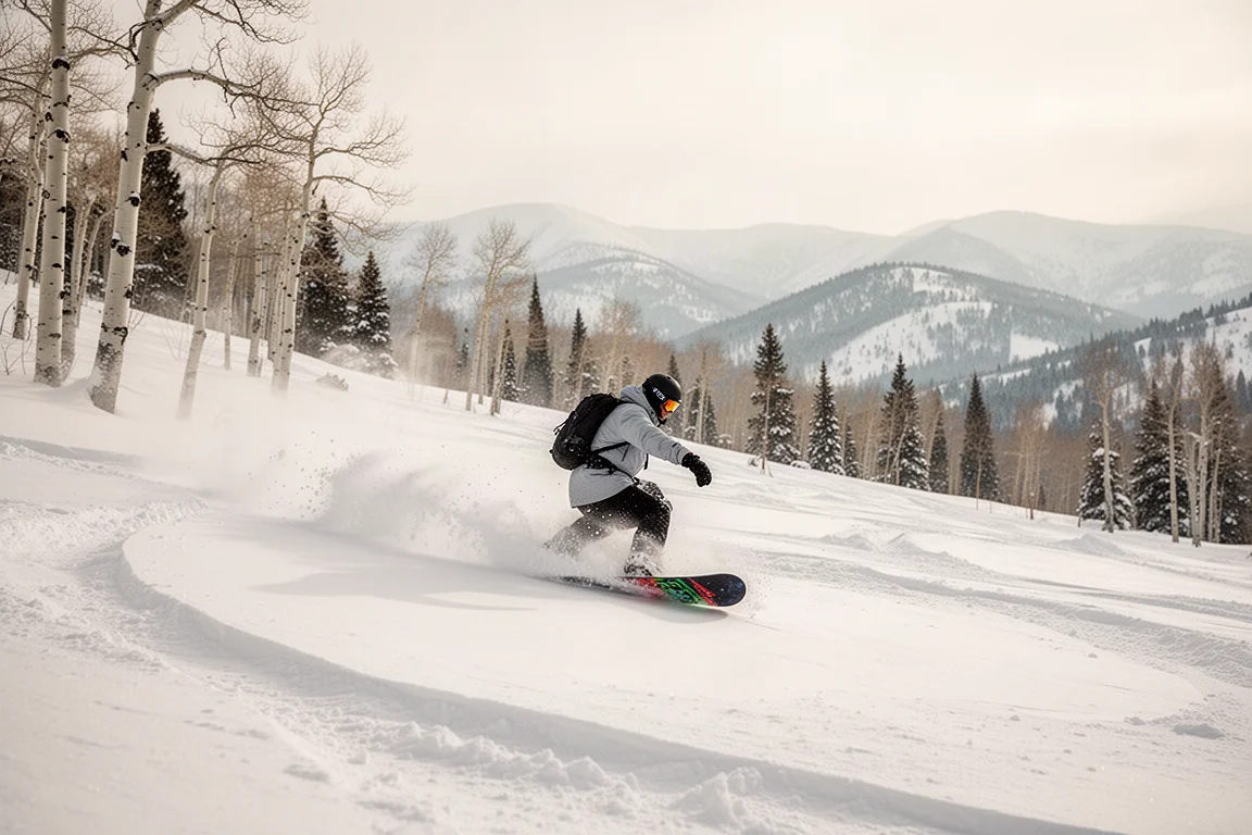 Snowboarder abriendo huella en nieve polvo profunda de Utah