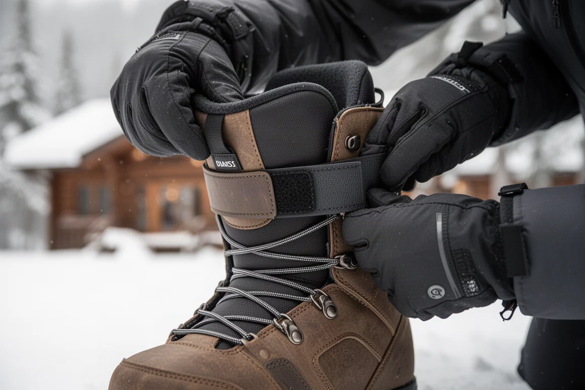 Primer plano de la correa de potencia de una bota de snowboard tensándose al máximo