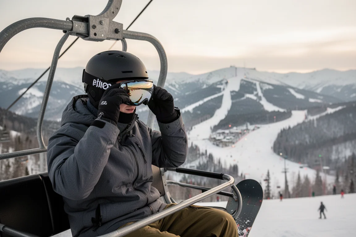 Snowboarder ajustándose gafas y casco en un telesilla