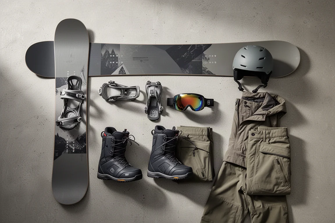 Complete snowboard gear collection laid out on a concrete surface