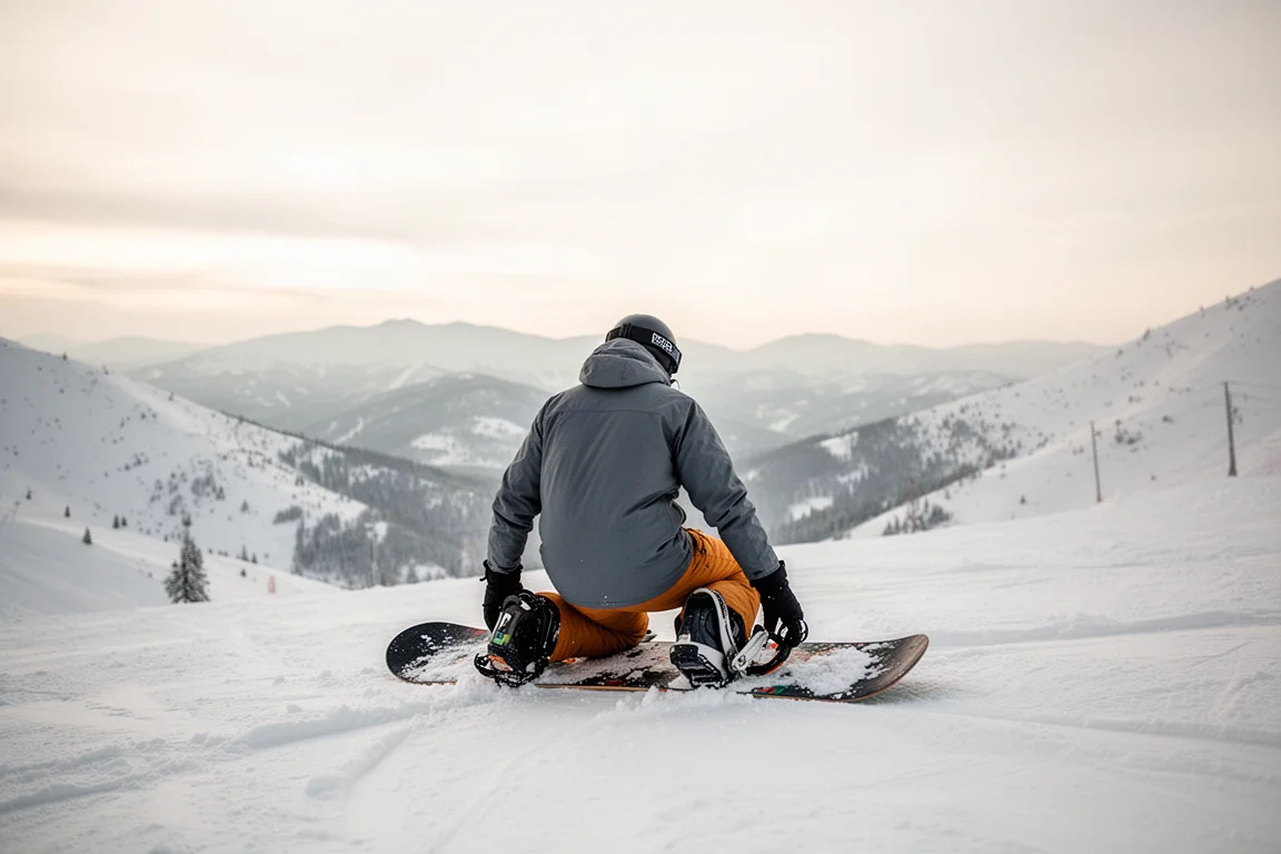 Snowboarder schnürt die Bindung auf frischem Schnee bei weichem Morgenlicht