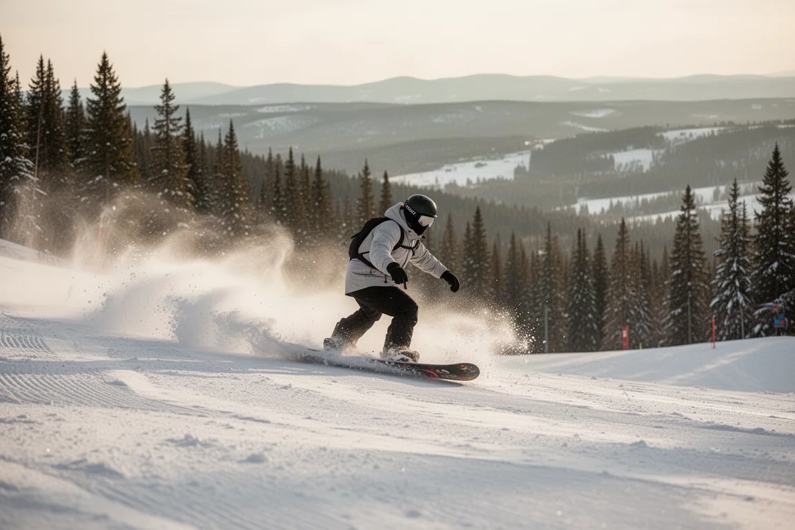 Snowboarder fährt eine All-Mountain-Linie, im Tal darunter das Valley