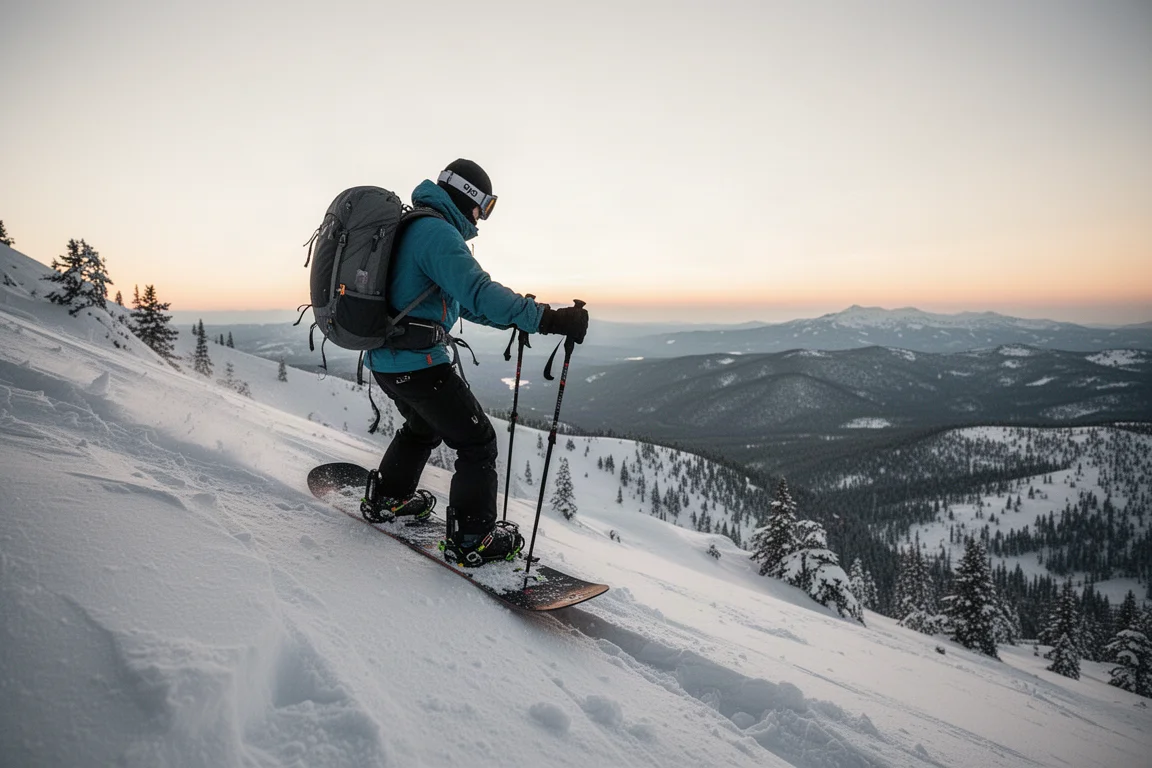Splitboarder klettert bei Morgendämmerung über einen verschneiten Bergrücken