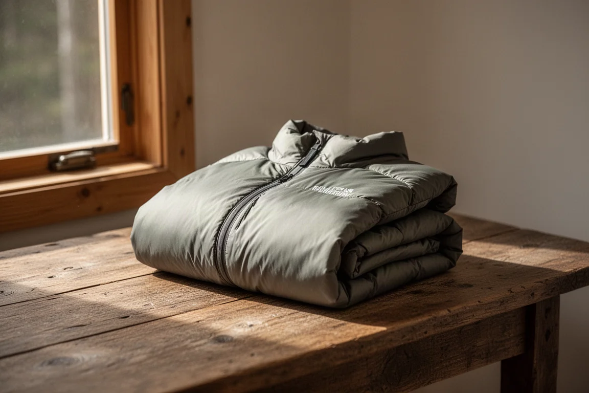 Zusammengelegte leichte Isolationsjacke auf einem Holztisch in der Lodge
