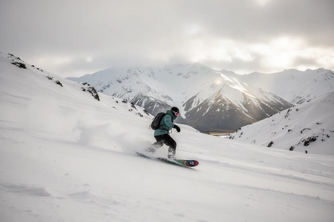 Snowboarder navegando nieve virgen en una ladera montañosa de Nueva Zelanda