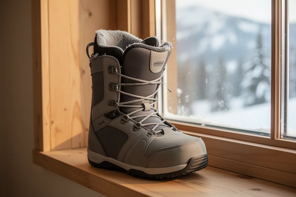 Bota de snowboard con cordones tradicionales secándose en interiores