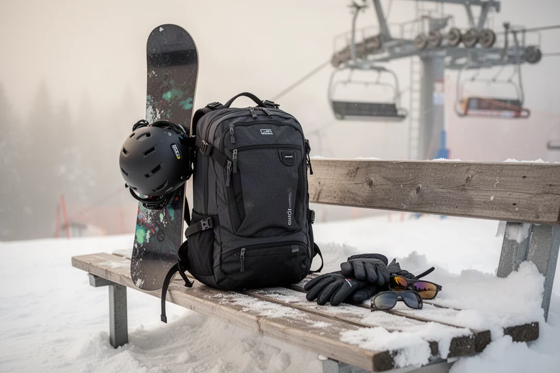 Mochila de snowboard con un casco sujeto al sistema de transporte trasero