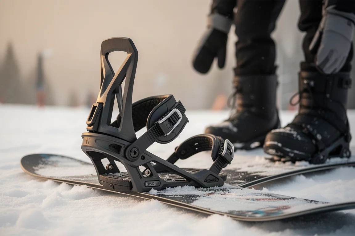 Fijaciones de snowboard acopladas a una tabla en un inicio de pista nevado