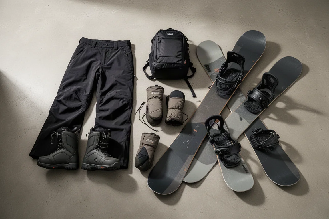 Flat-lay of snowboard gear including pants, boots, mitts, backpack, boards, and bindings