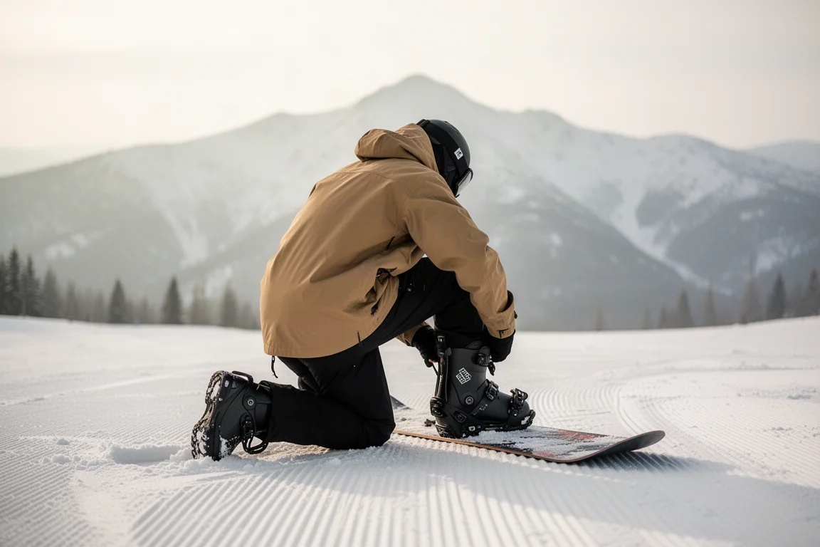 Snowboarder in a shell jacket and pants adjusting boot straps on a snowy slope