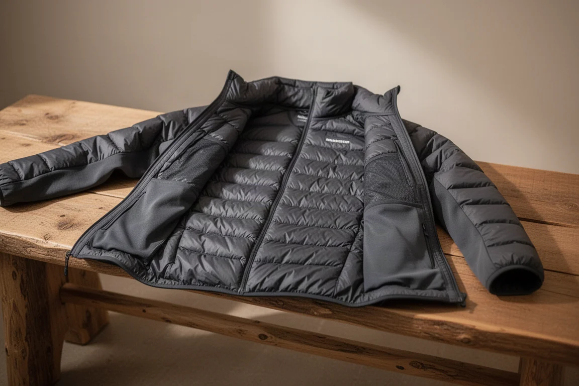 Midlayer jacket with vented side panels laid on a wooden lodge bench