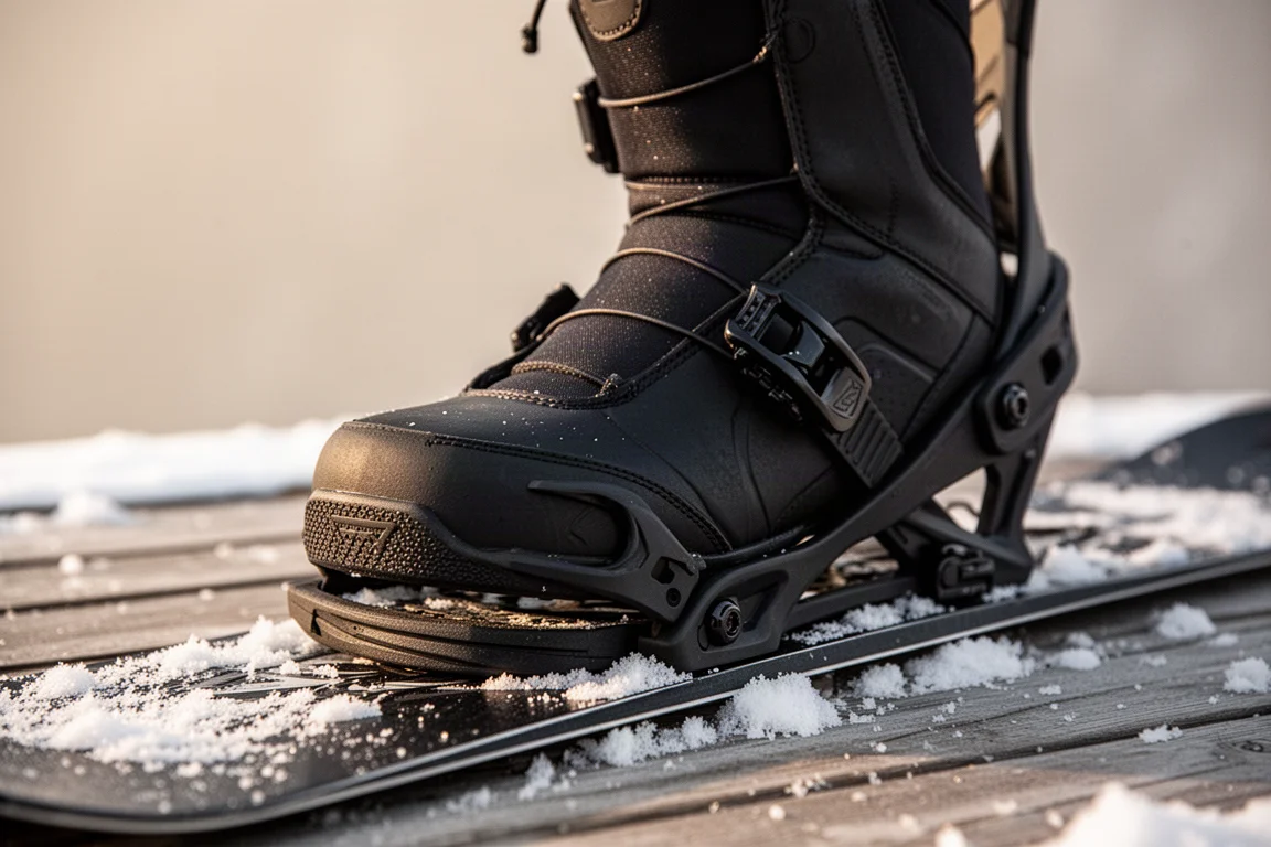 Snowboard boot and binding close-up on a snowy deck with soft afternoon light