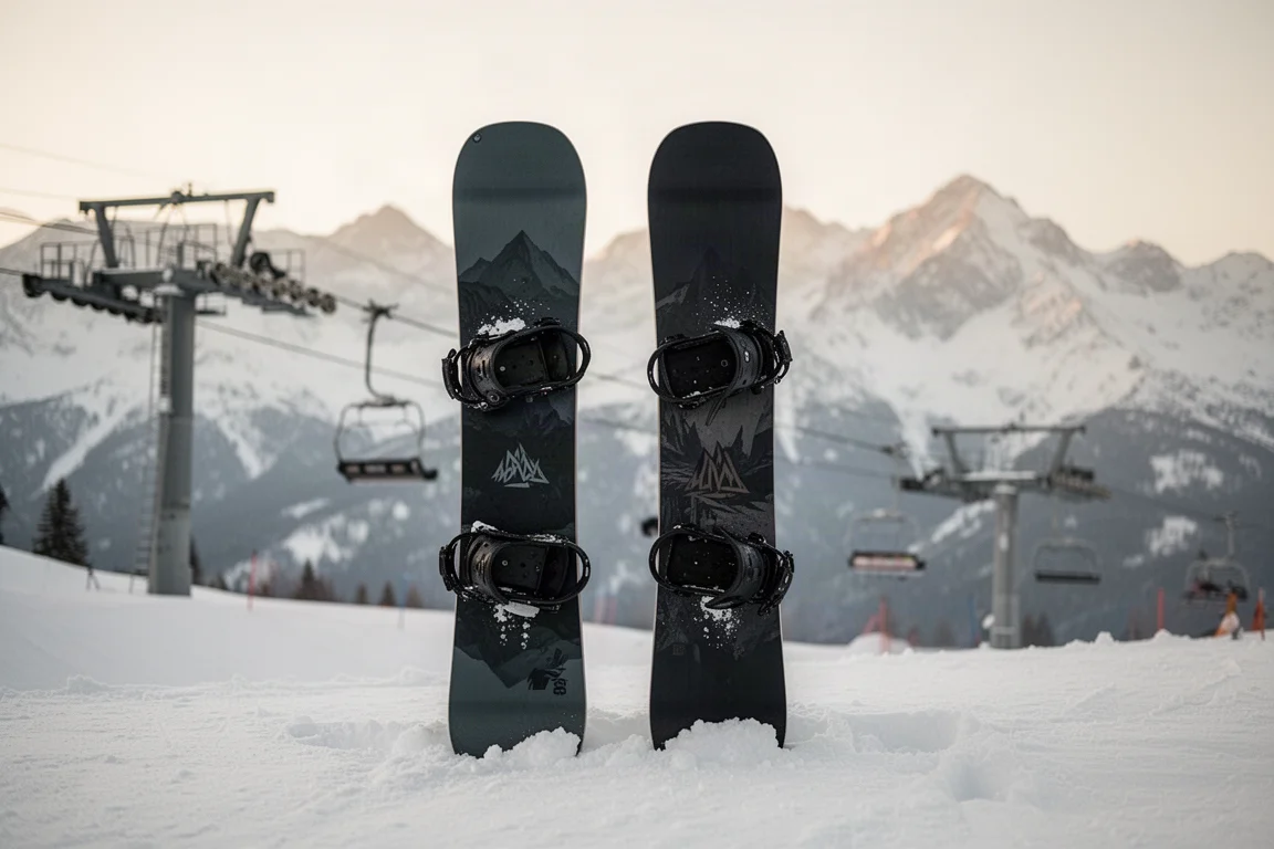 Two snowboards standing upright in fresh snow beside a mountain lift line