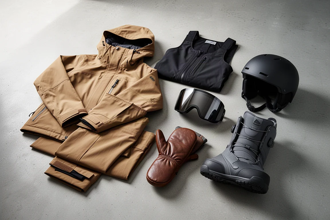 Snowboard gear flat-lay with outerwear, mitt, helmet, goggles and boot on concrete