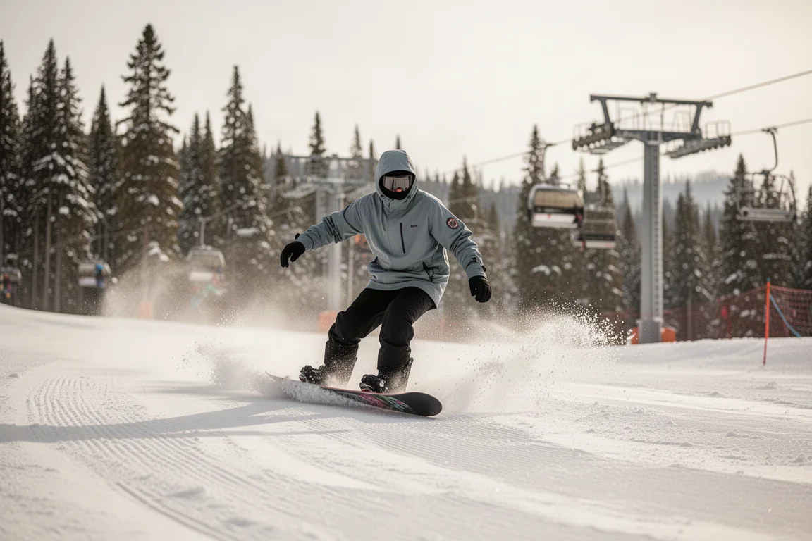 Snowboarder de moletom descendo uma pista preparada do resort em um dia ameno de inverno