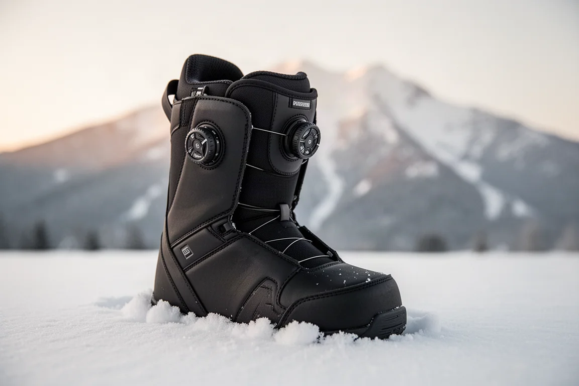 Close-up de uma bota de snowboard com fechamento de disco (dial) na neve fresca