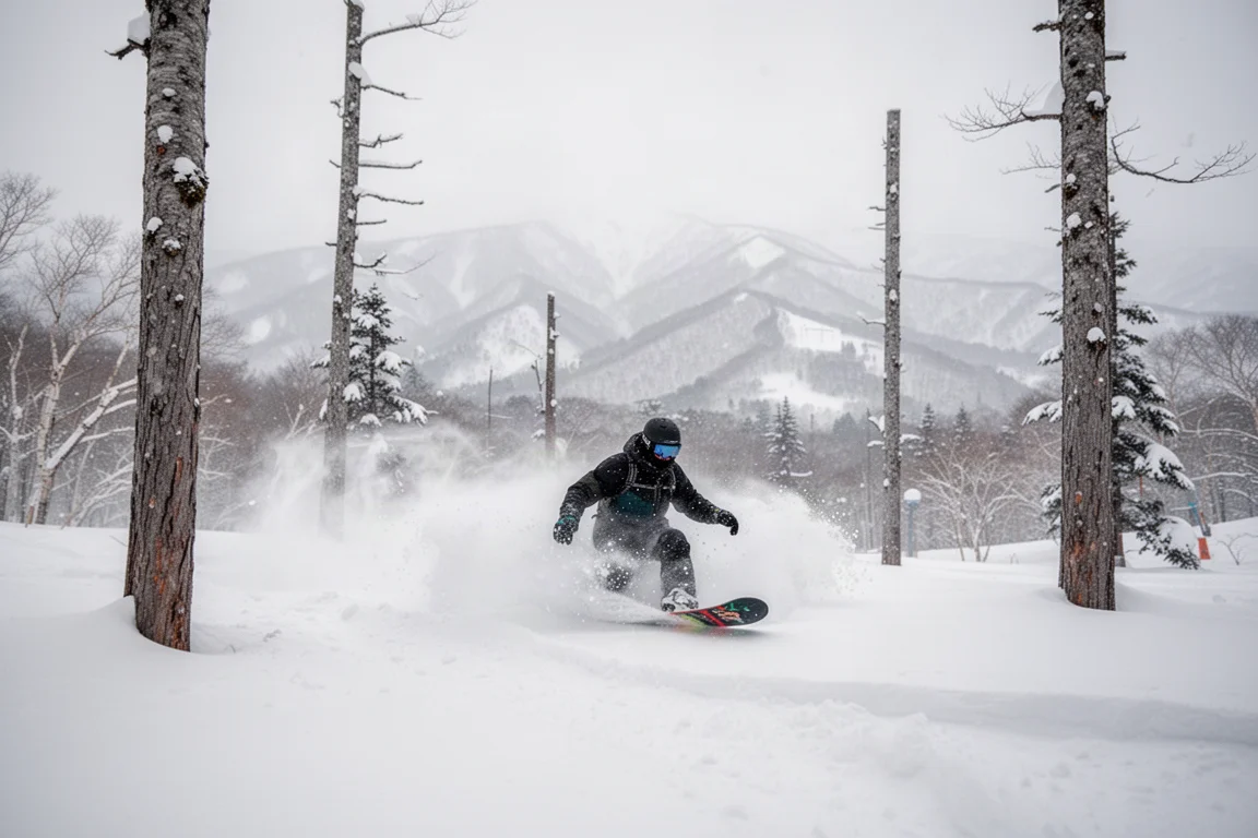 Splitboarder descendo powder profundo entre as árvores no Japão