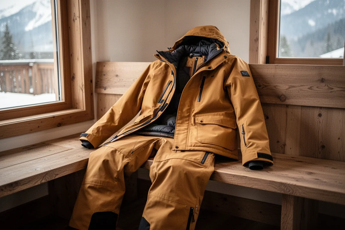 Snowboard outerwear layered on a wooden bench in a lodge setting