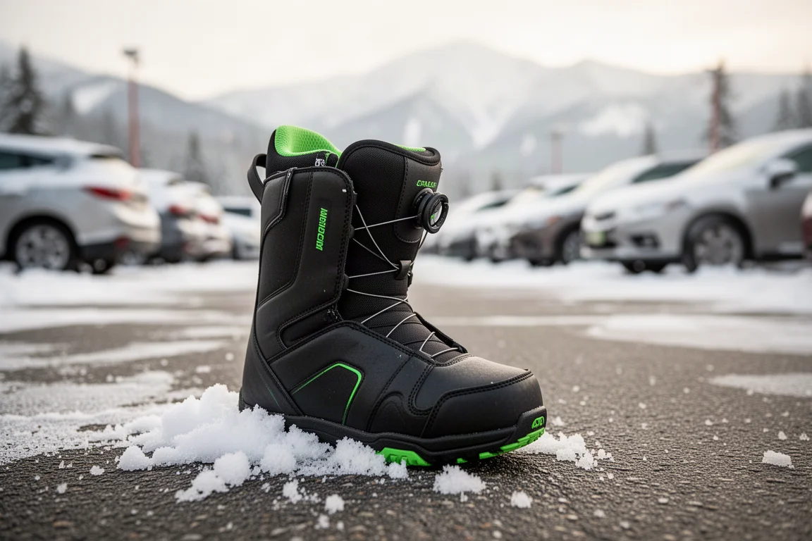 Snowboard boot laces being tightened in a snowy parking lot