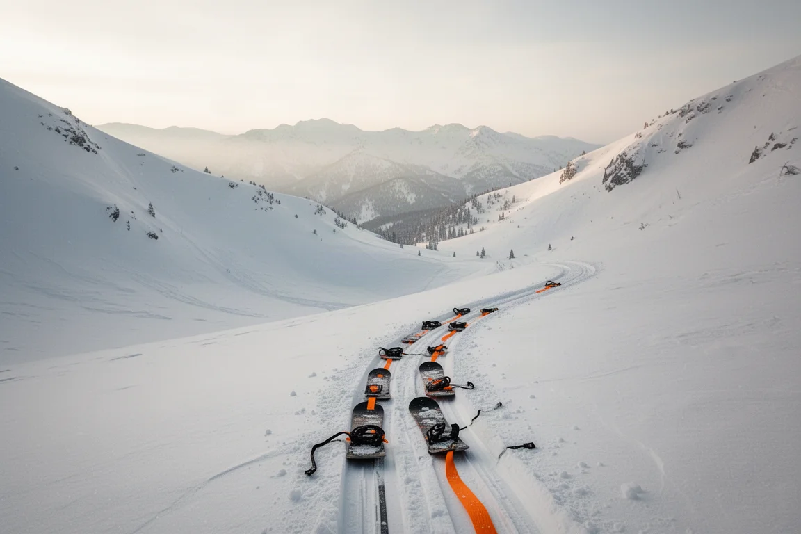 Splitboard tracks winding through backcountry powder terrain