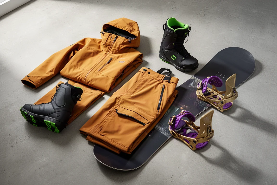 Snowboard gear flat-lay with jacket, bibs, boot, board and bindings