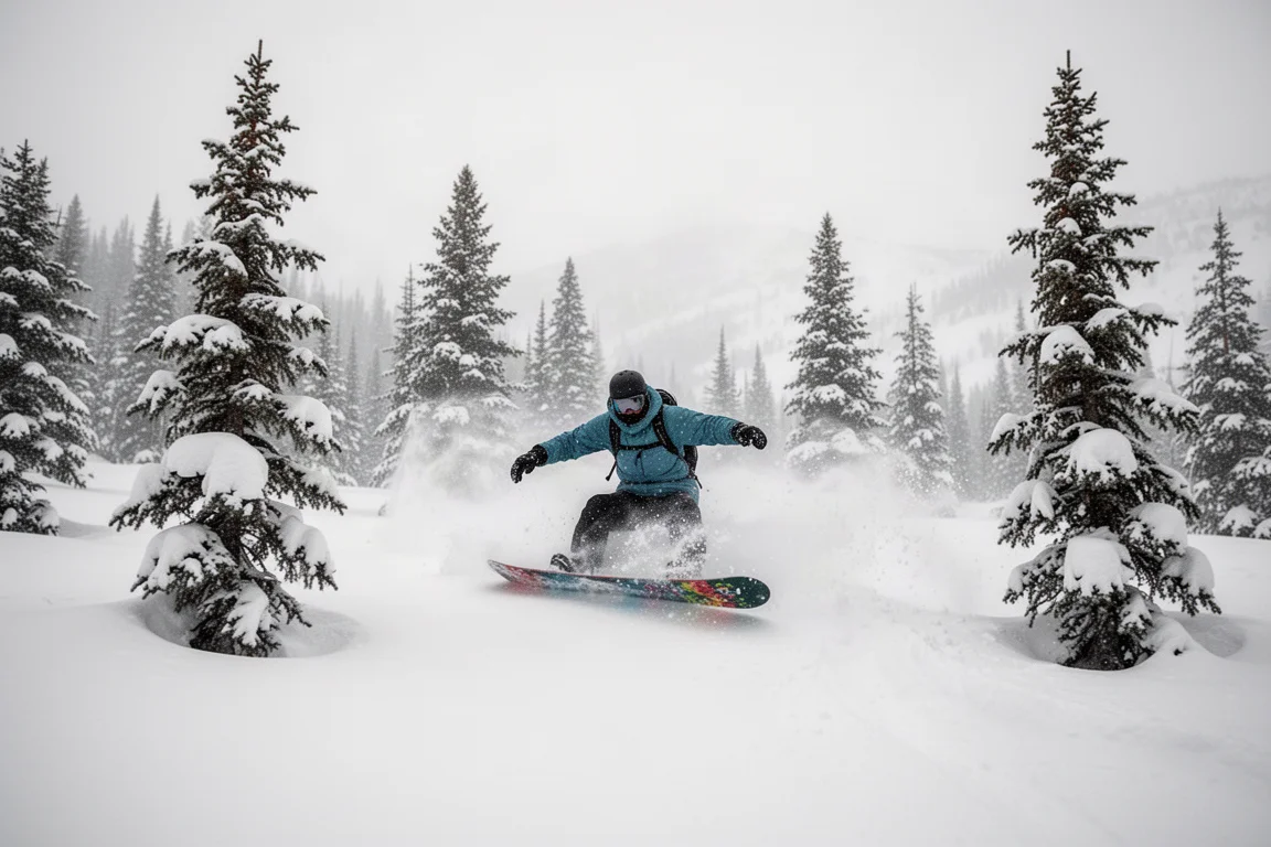 Snowboardåkare som gör djupa svängar i nypallat mellan träd