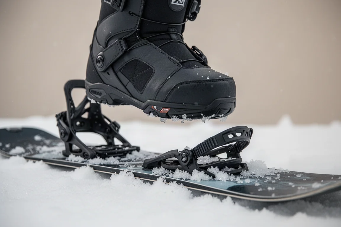 Närbild på en step-in-snowboardbindning som klickas fast på en bräda