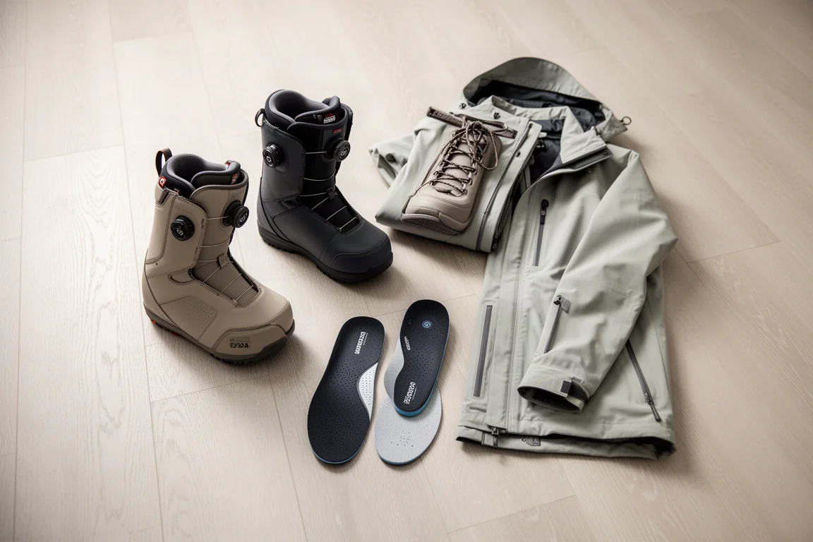 Snowboardboots och skaljacka upplagda på ett trägolv