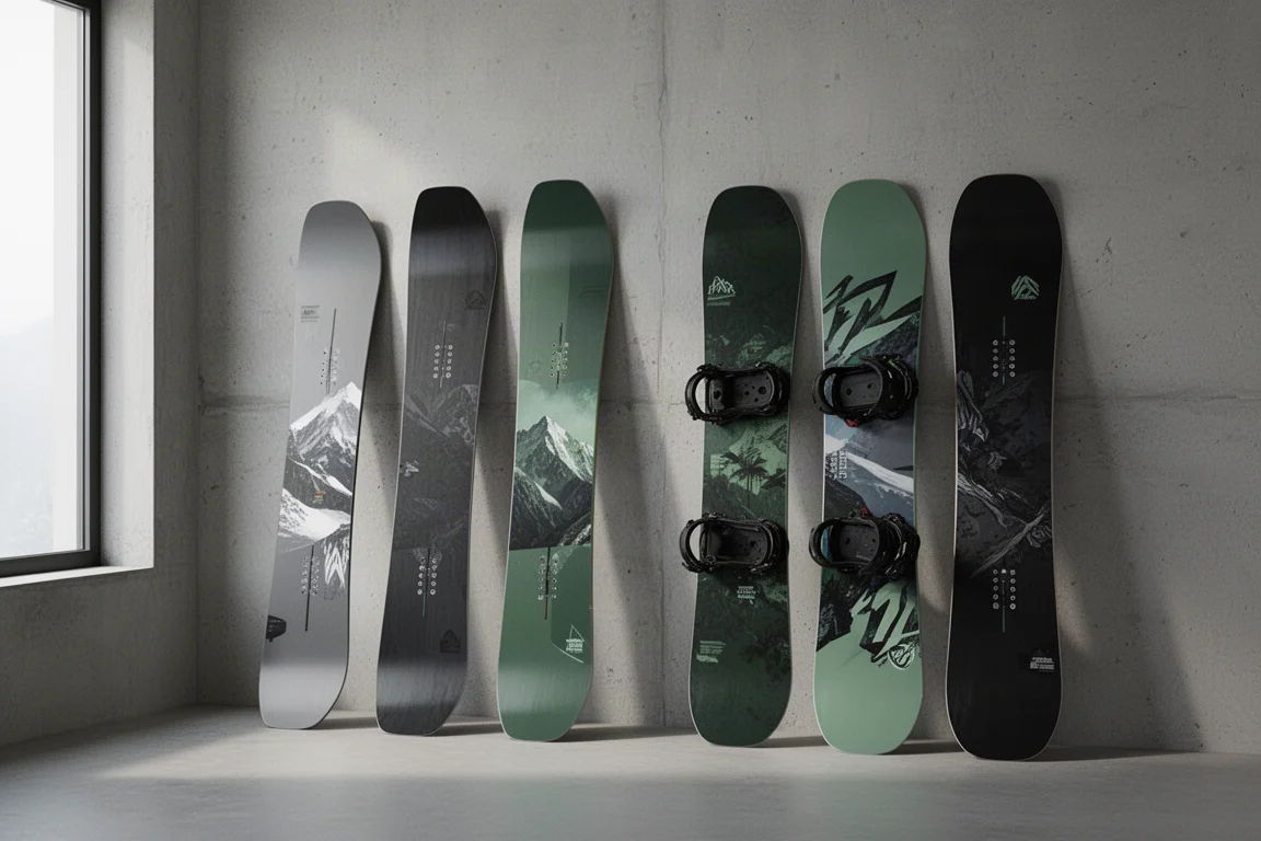 Lineup of snowboards standing against a concrete wall in soft light