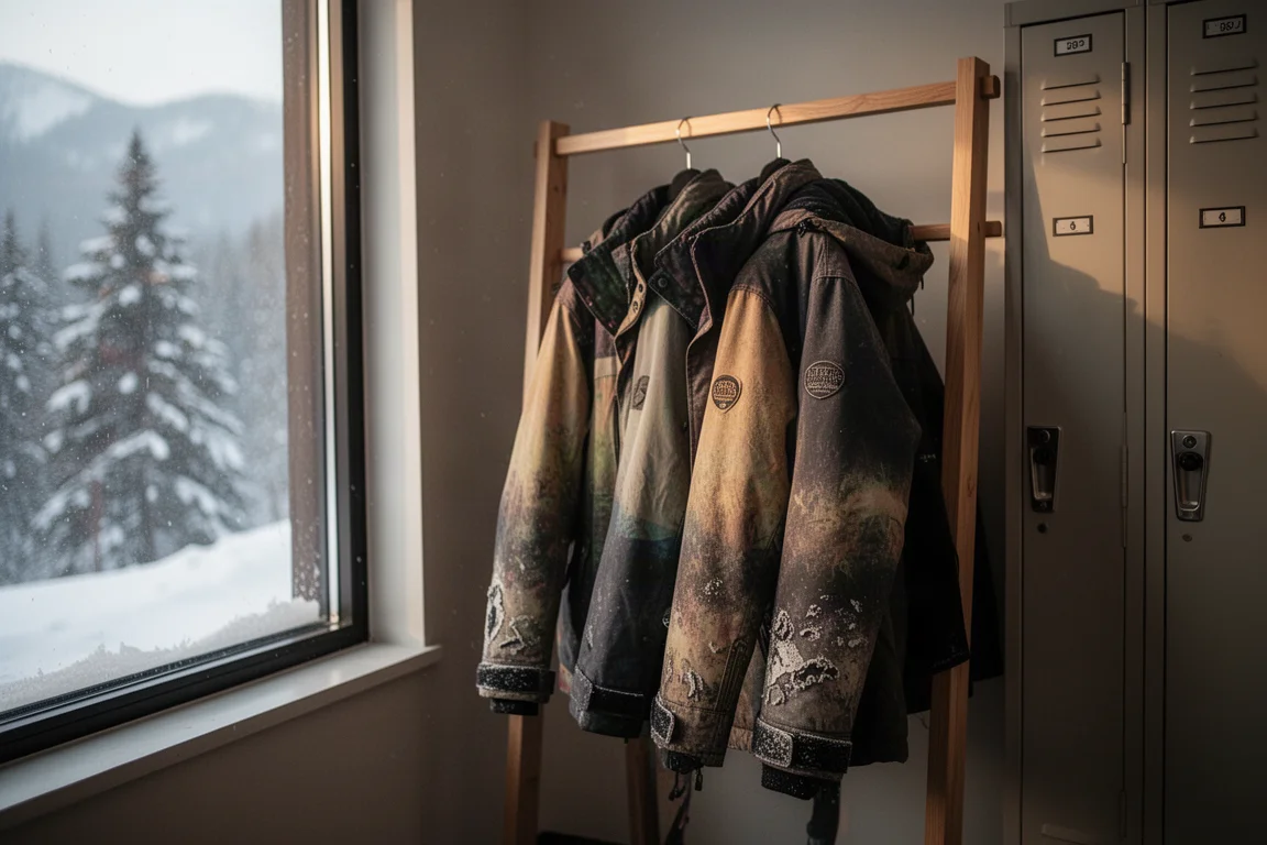 Snowboard jackets hanging on a rack beside a resort window with snow outside