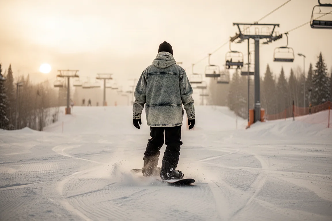 Snowboarder walking a groomed resort run at golden hour in a faded shell jacket