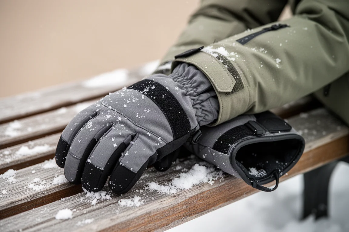 Close-up of a jacket cuff and wrist gaiter resting over a glove on a snowy bench