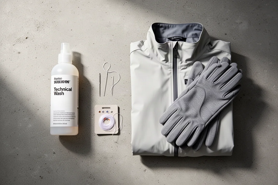 Flat-lay of technical wash, repair kit, folded shell jacket and gloves on concrete