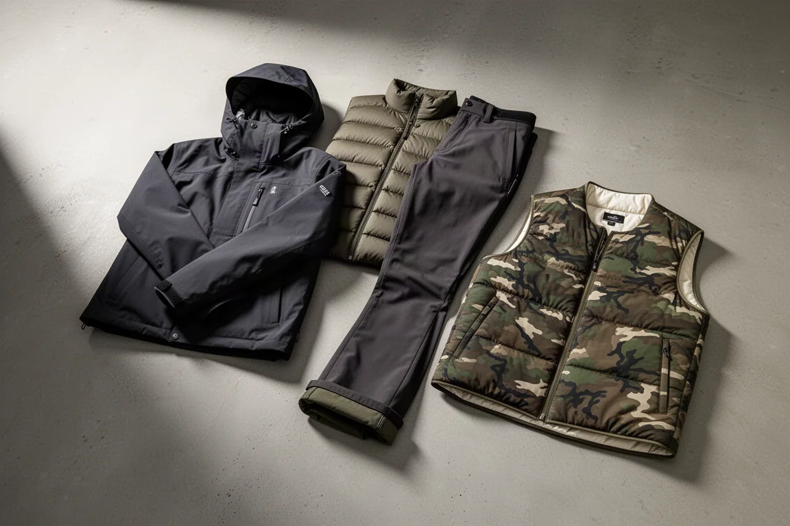 Flat-lay of snowboard shell, puffy jacket, slim snow pants and camo vest on concrete