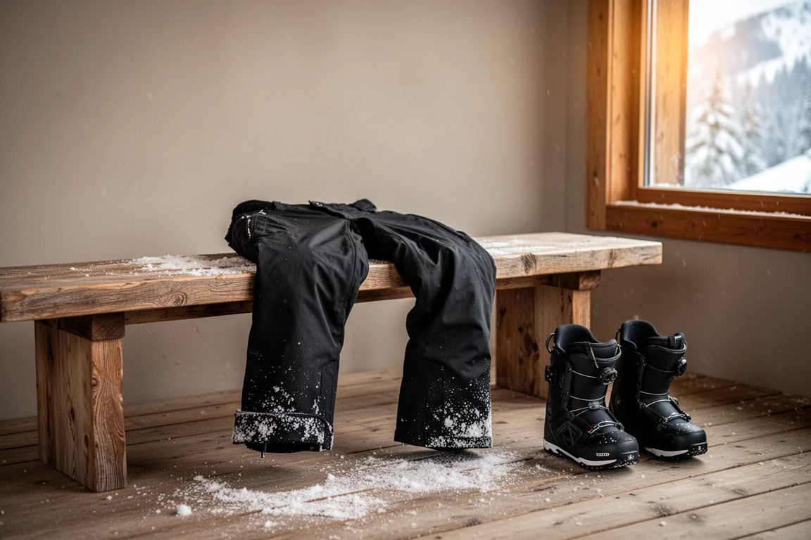 黑色滑雪褲掛在雪山地區小木屋的木長凳上