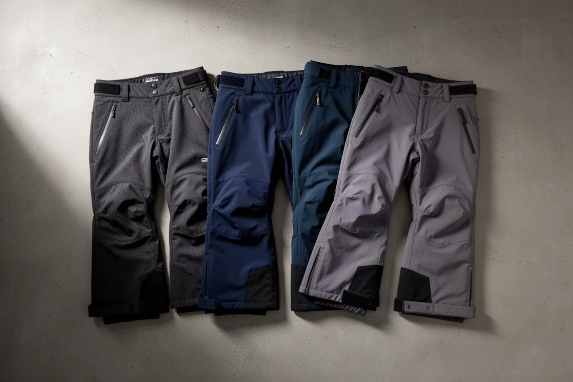 Overhead flat-lay of several snowboard pants in dark tones on a concrete surface