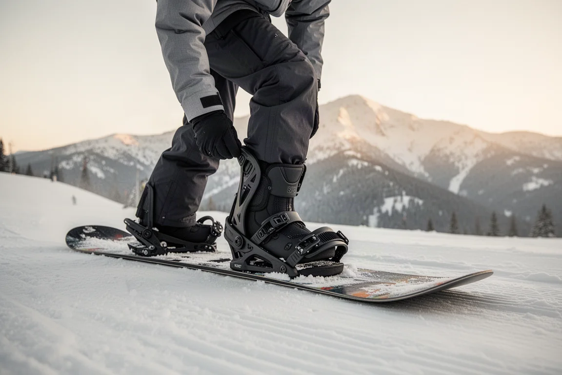 Snowboardåkare som skjuter in en boot i en snabbentryddarbindning högst upp på en piste