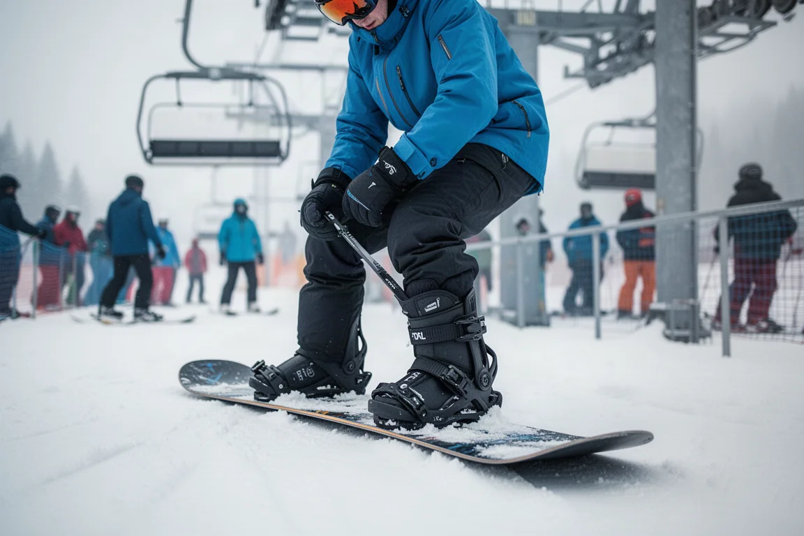 Åkare som spänner fast sig snabbt bredvid en liftkö en dag på skidorten