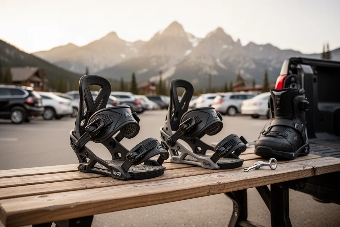 Snowboardbindningar uppställda på en bänk på en skidorts parkering