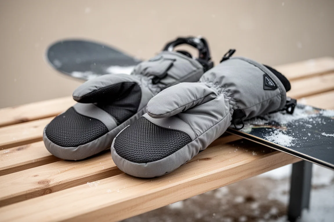 Coppia di muffole da snowboard imbottite appoggiate su una panchina di legno