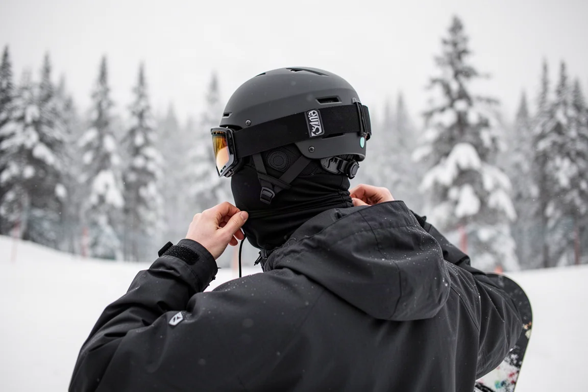 Snowboarder che sistema una balaclava sottile sotto gli occhiali
