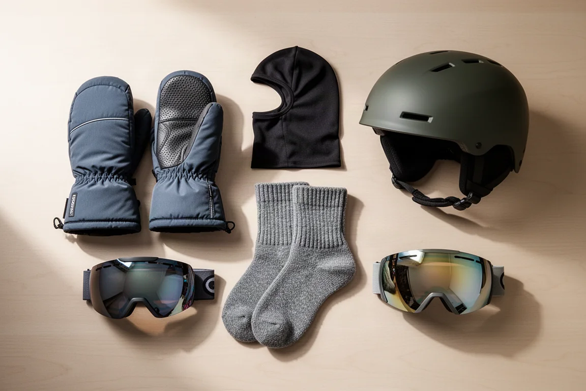 Flat-lay of snowboarding accessories including mittens, socks, goggles, and a helmet