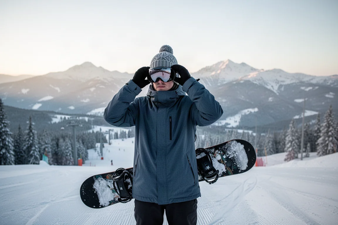 Snowboarder ajustándose un gorro y las gafas en la cima de una pista nevada