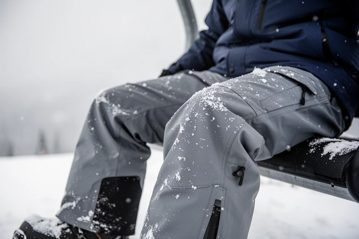 Pantalones de snowboard impermeables cubiertos de nieve tras sentarse en un telesilla