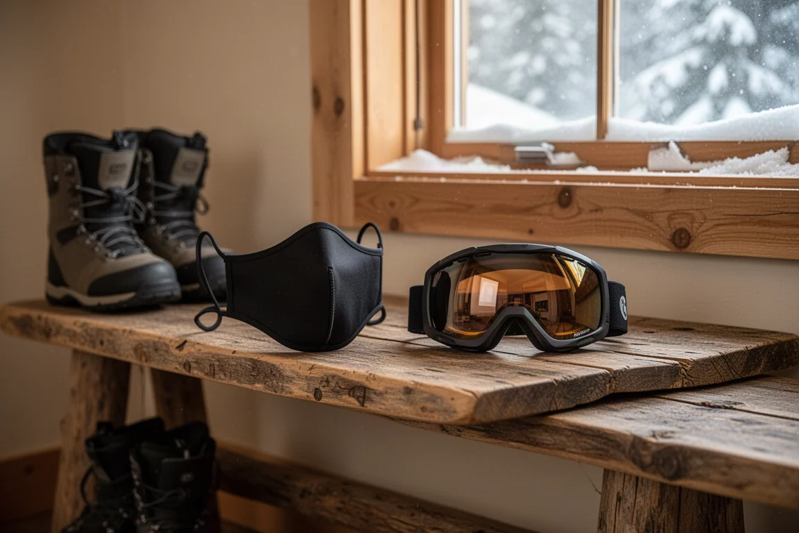 Mascarilla fina y gafas de snowboard dispuestas sobre un banco de madera de una cabaña