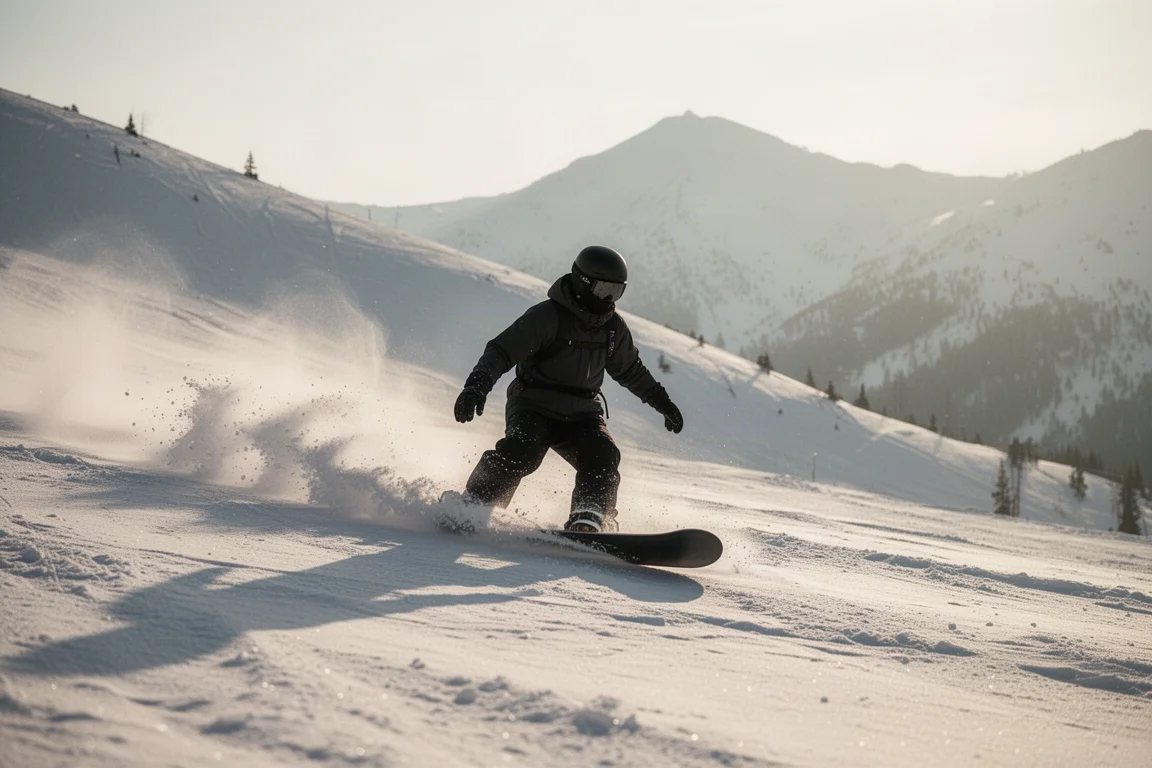 Snowboarder con un casco ligero descendiendo por nieve polvo recién caída